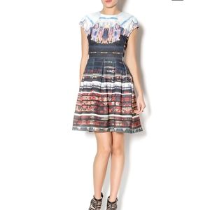 Fit and Flare Cocktail Dress, L | neoprene scuba printed multicolor